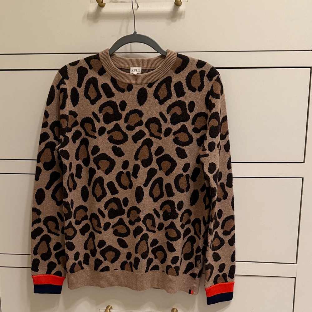 KULE Leopard Print Crewneck Sweater with Red and Black Details